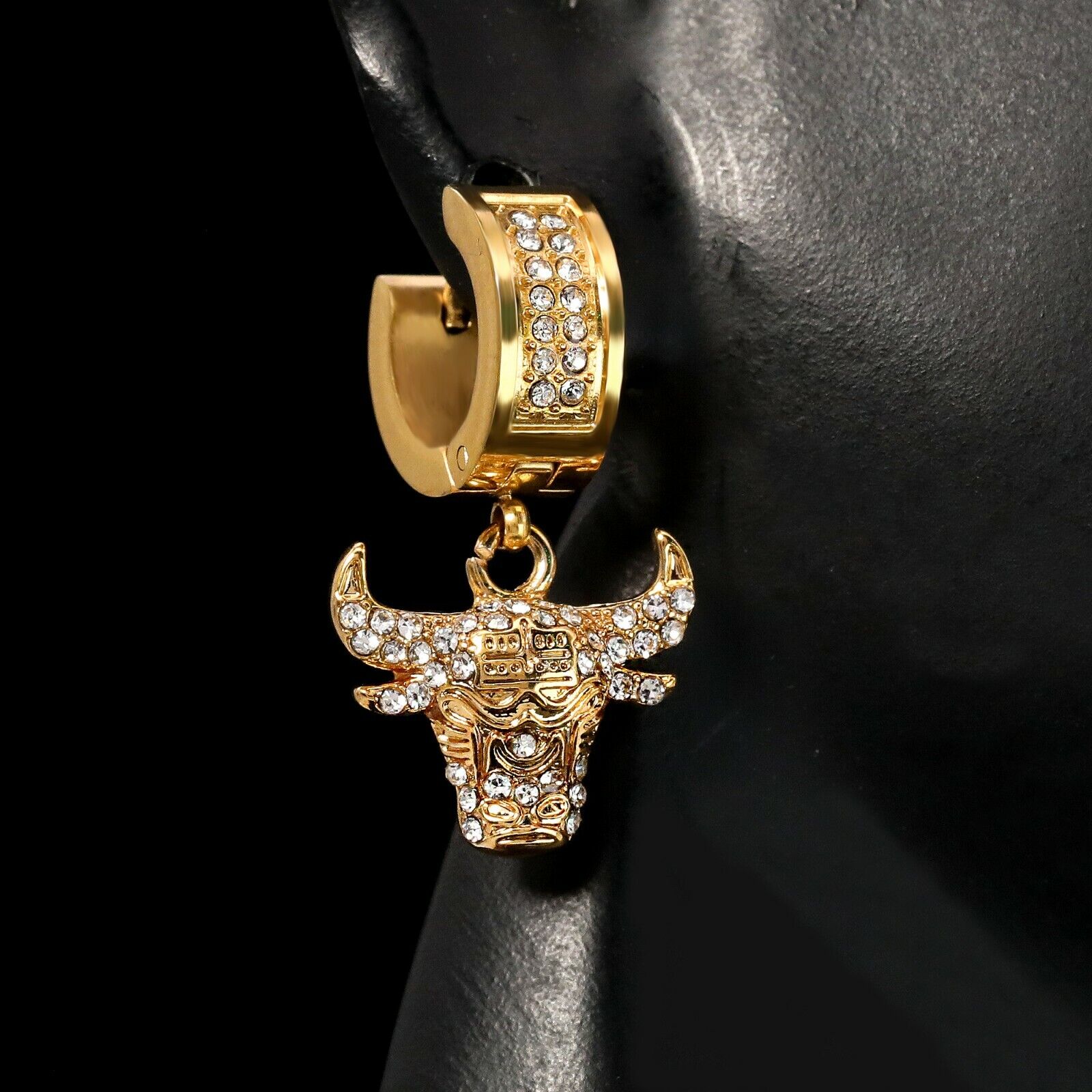 Cubic-Zirconia Gold Stainless Steal 2 Row Bull Huggie Hoop Dangle Earrings