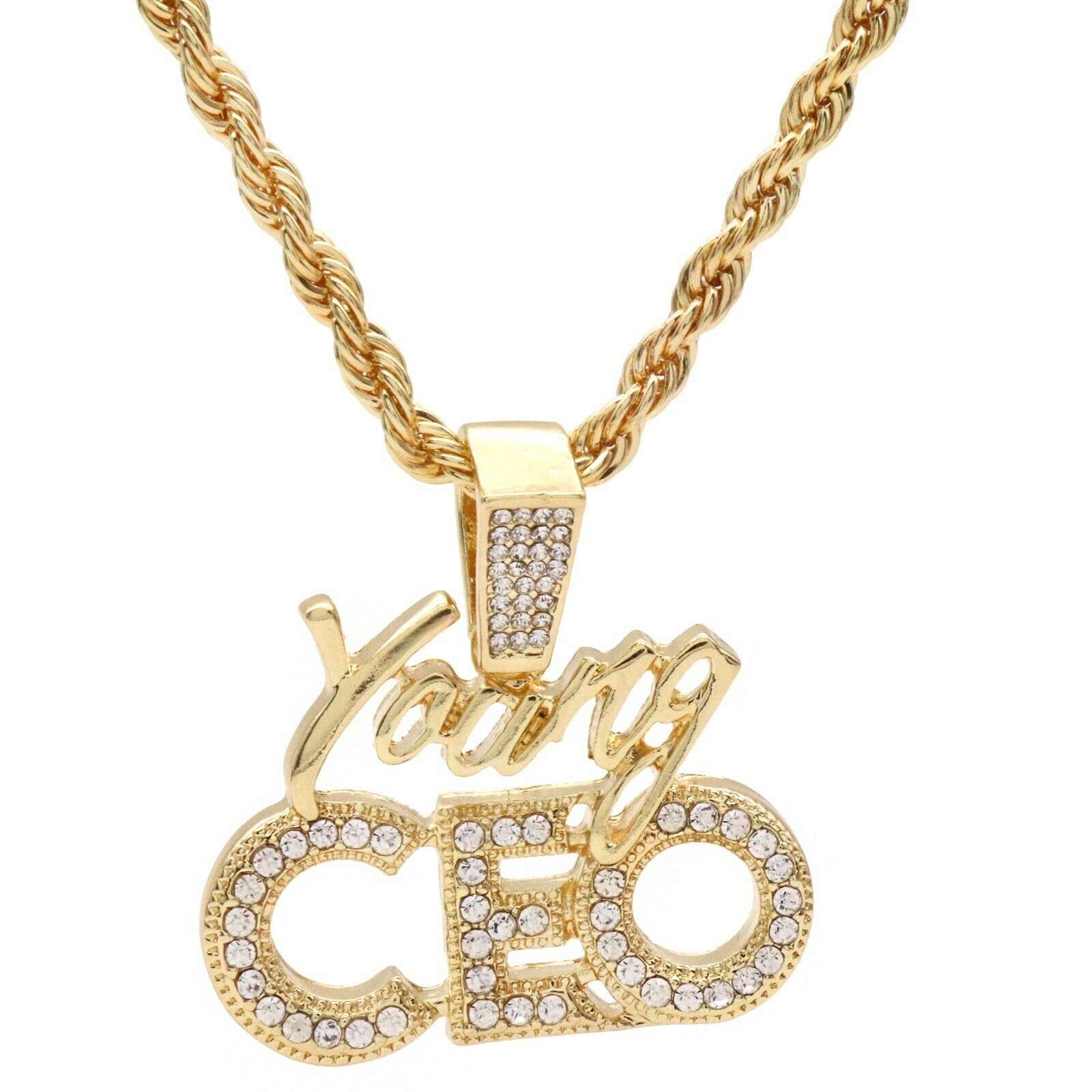 Young CEO 4 Pcs Set Cuban, Tennis Clear Cz & Rope Chain Bundle Gold PT