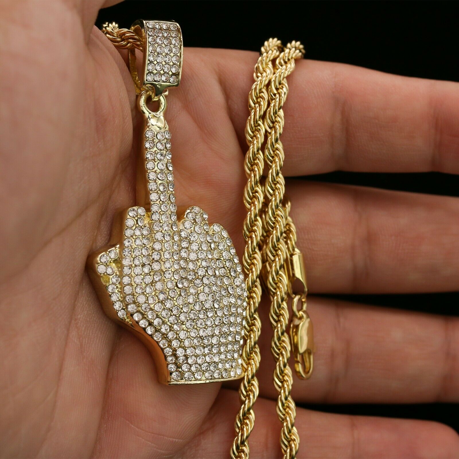 Hip Hop Middle Finger Pendant 18k Gold Plated Rope Necklace with Cubic Zirconia Simulated Diamond for Men Women