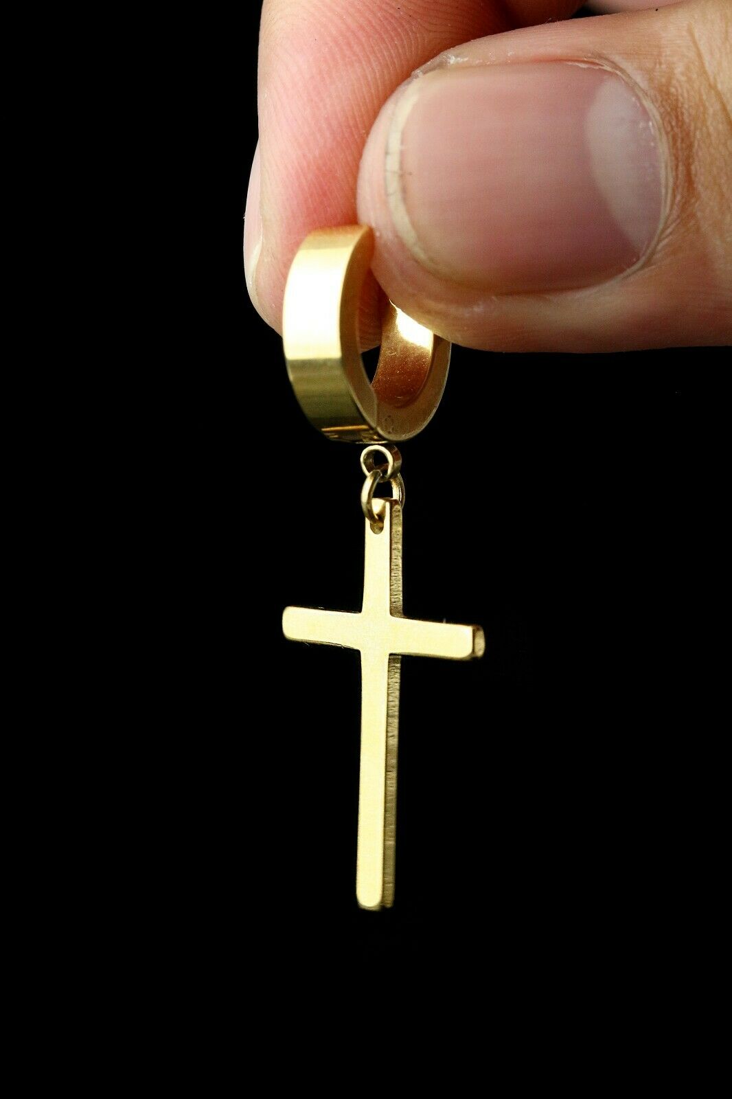 Medium Cross Dangle 18k Gold Stainless Steel Plain Earring