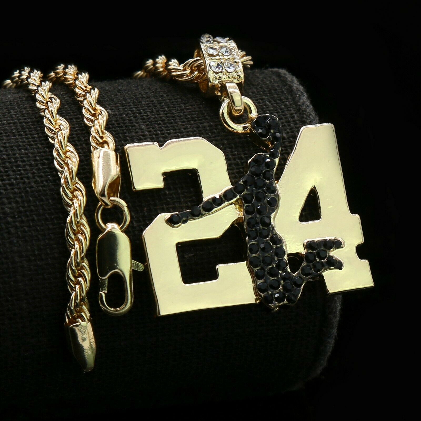 Gold / Blk #24 Jump CZ Man Basketball Pendant with Rope Chain