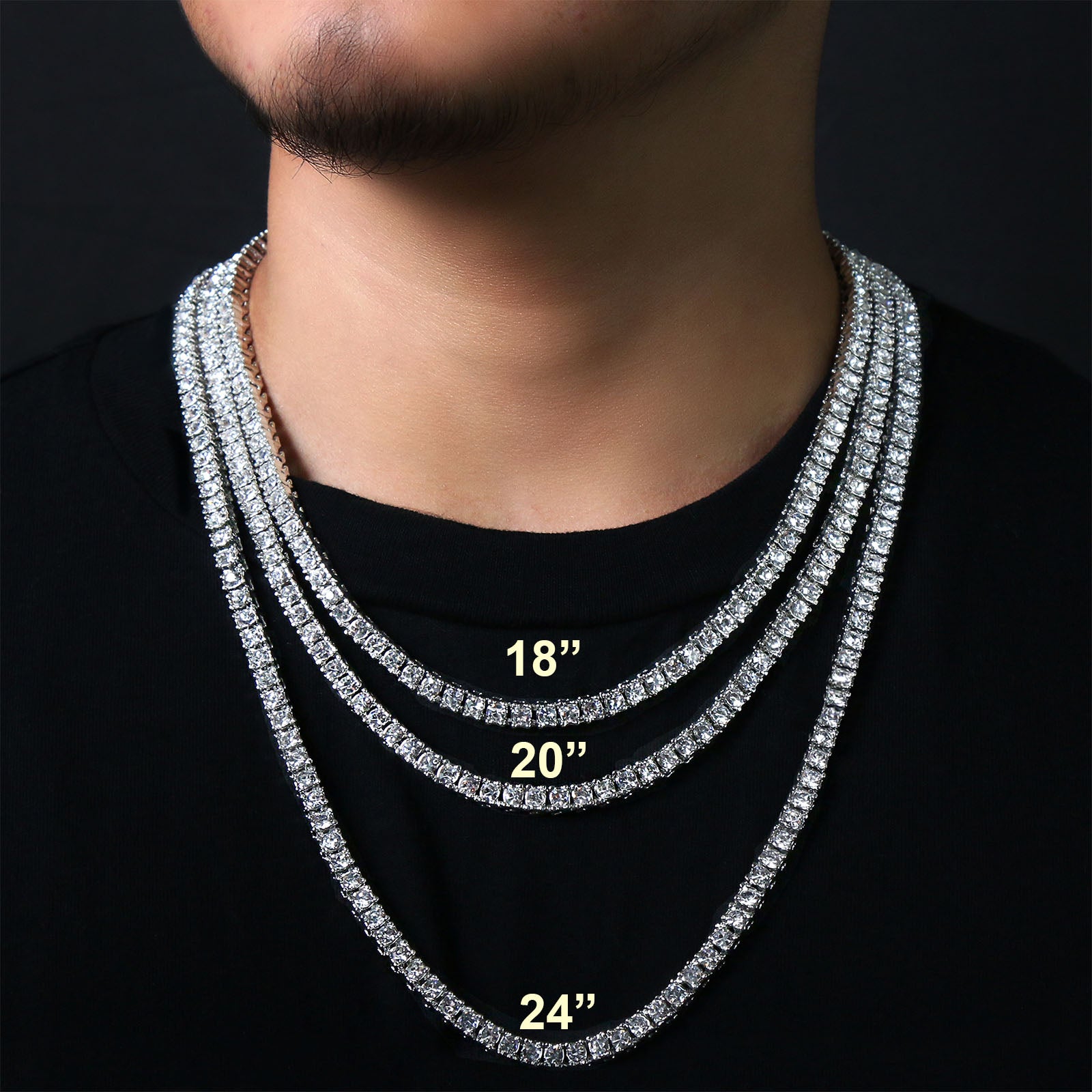 White GOLD TENNIS CHAIN 18" 20" 24" 30"