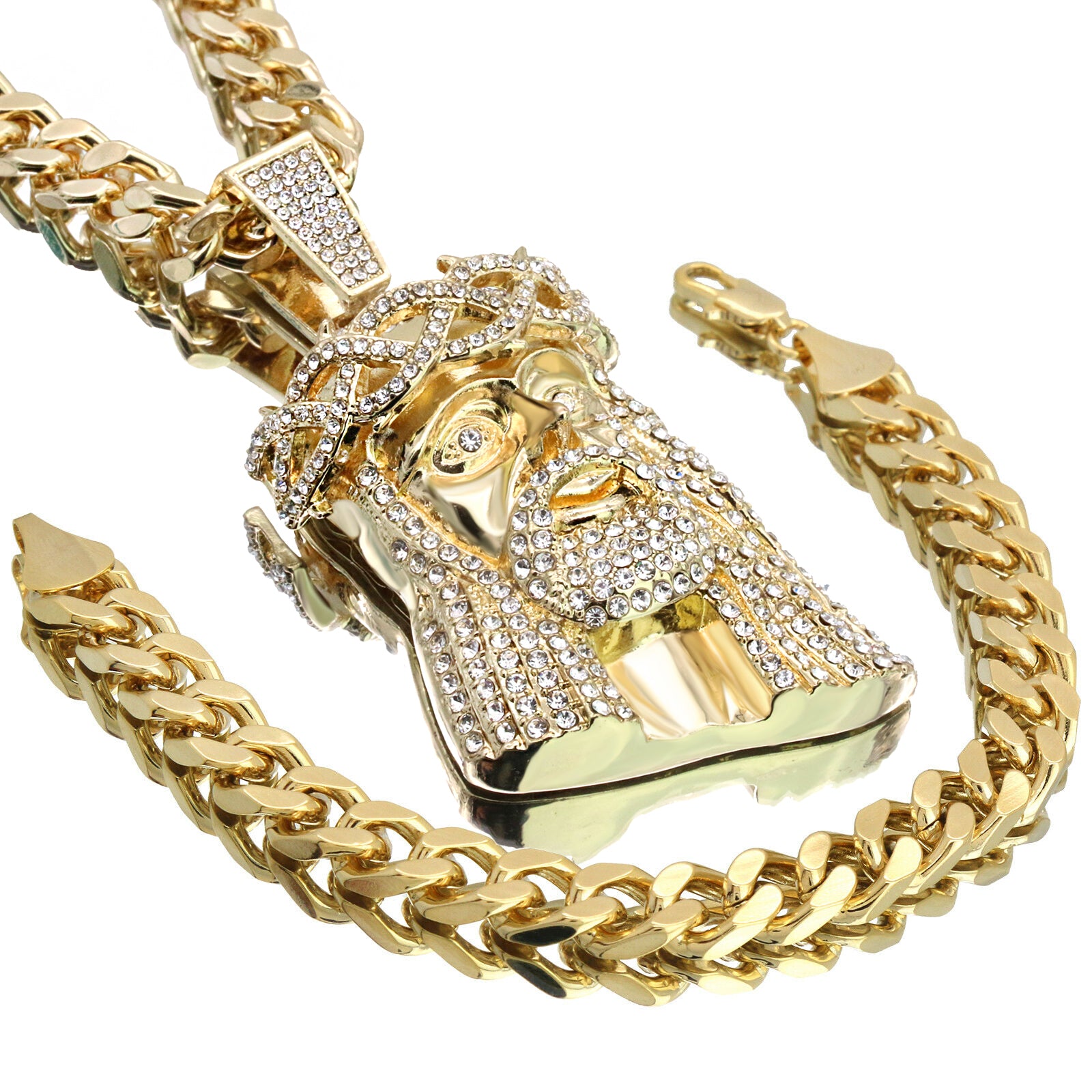 Tear Jesus Face Pendant with 30" Miami Cuban Link Chain & Bracelet – 10mm Gold-Plated Hip Hop Jewelry Set