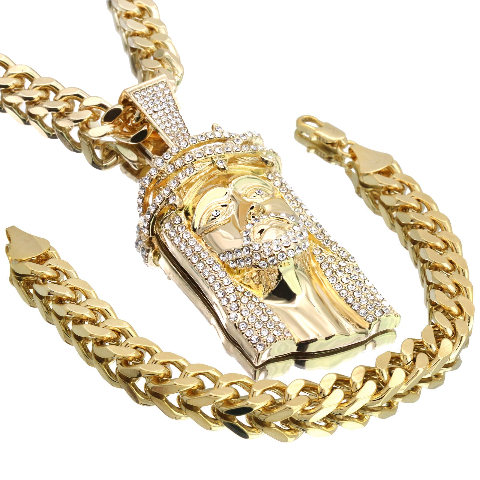 Crown Jesus Face Pendant Set – 10mm Miami Cuban Chain & Bracelet (Gold)