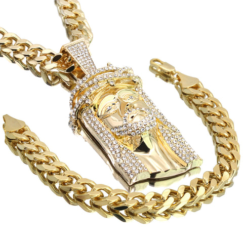 Crown Jesus Face Pendant Set – 10mm Miami Cuban Chain & Bracelet (Gold)