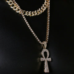 Men's Gold Plated Cz Thick Layer Ankh w/ Fully Cz Cuban & Thin Tennis Chain 22"/24"