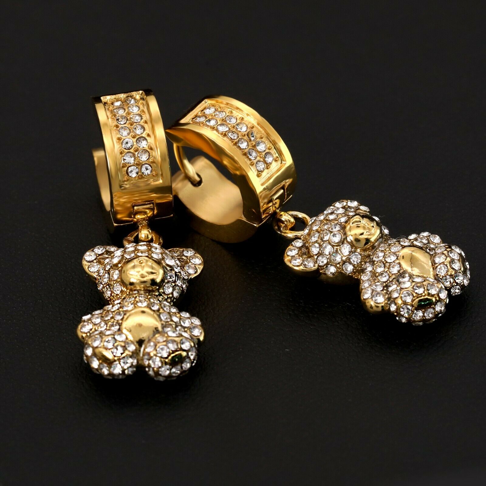 Cubic-Zirconia Gold Stainless Steal 2 Row Bear Huggie Hoop Dangle Earrings