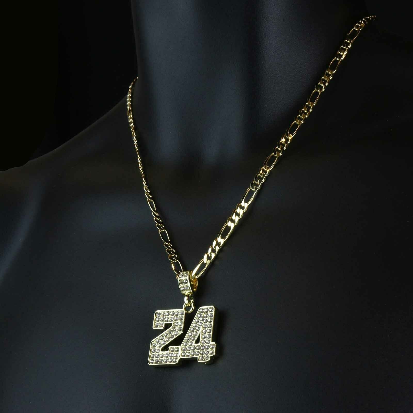Gold Fully CZ #24 Jump Man Basketball Pendant with Figaro Chain