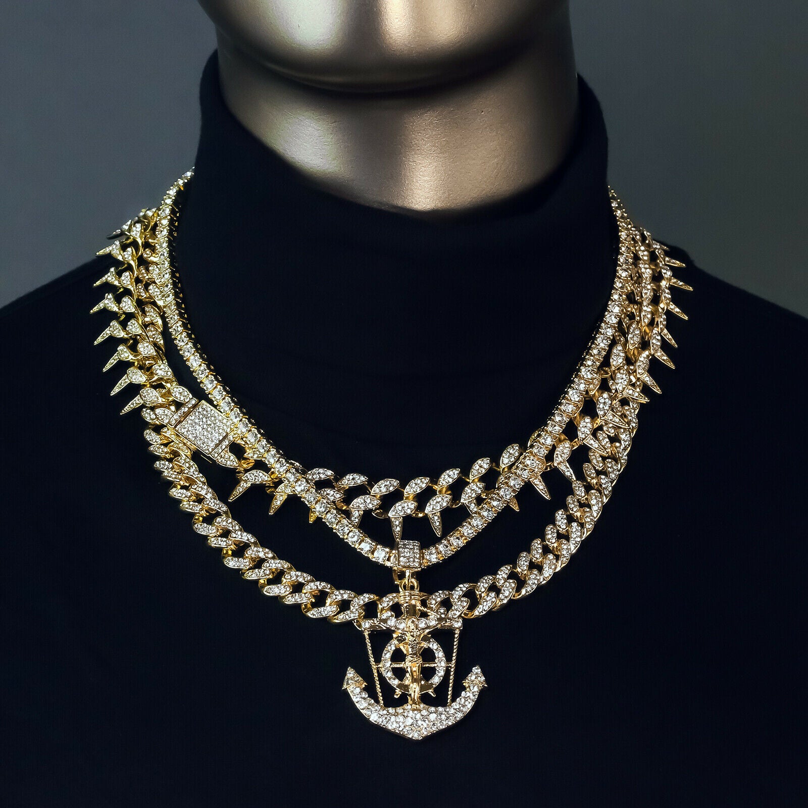Jesus Anchor Cz 4 Pcs Set Exotic Cuban, Tennis & Miami Cuban Chain Bundle Gold PT