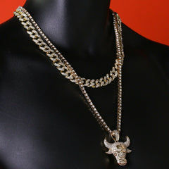 Men's Gold Plated Cz Thick Layer Bull w/ Fully Cz Cuban & Thin Tennis Chain 22"/24"