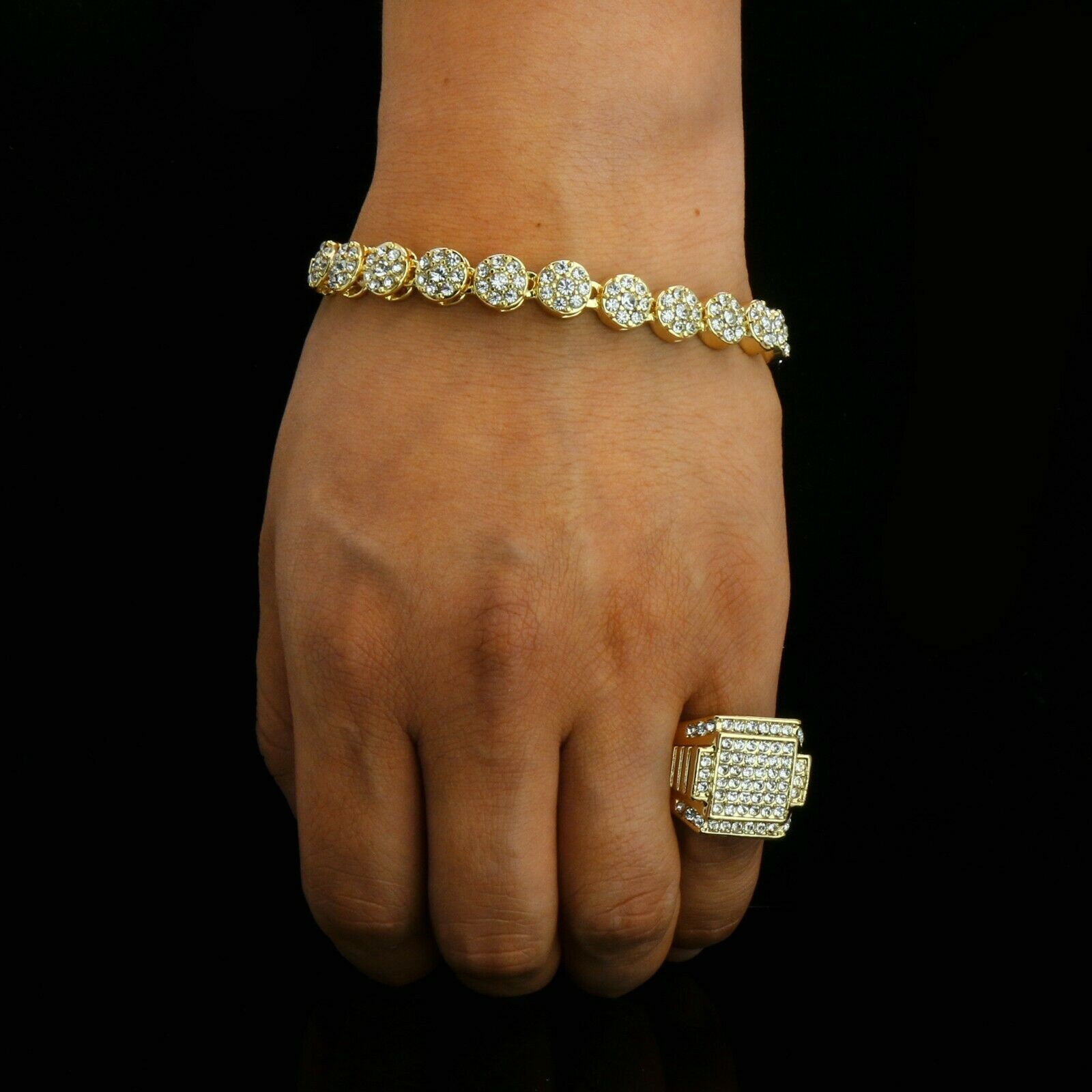Flower Iced Bracelet / RX Square ring 14k Gold Plated