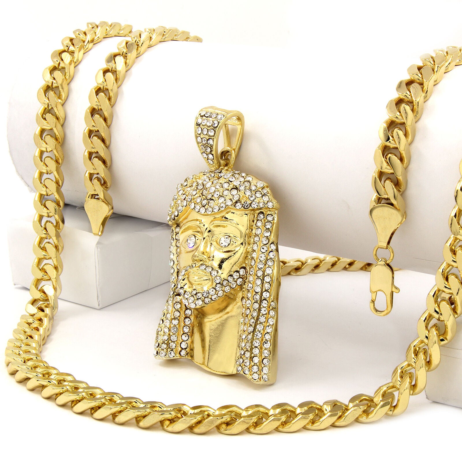 Gold Jesus 1 NECKLACE 10mm Miami Cuban Link Chain – Iced Gold Pendant | Luxury Hip Hop Jewelry
