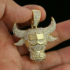 Men's Gold Plated Cz Thick Layer Bull w/ Fully Cz Cuban & Thin Tennis Chain 22"/24"