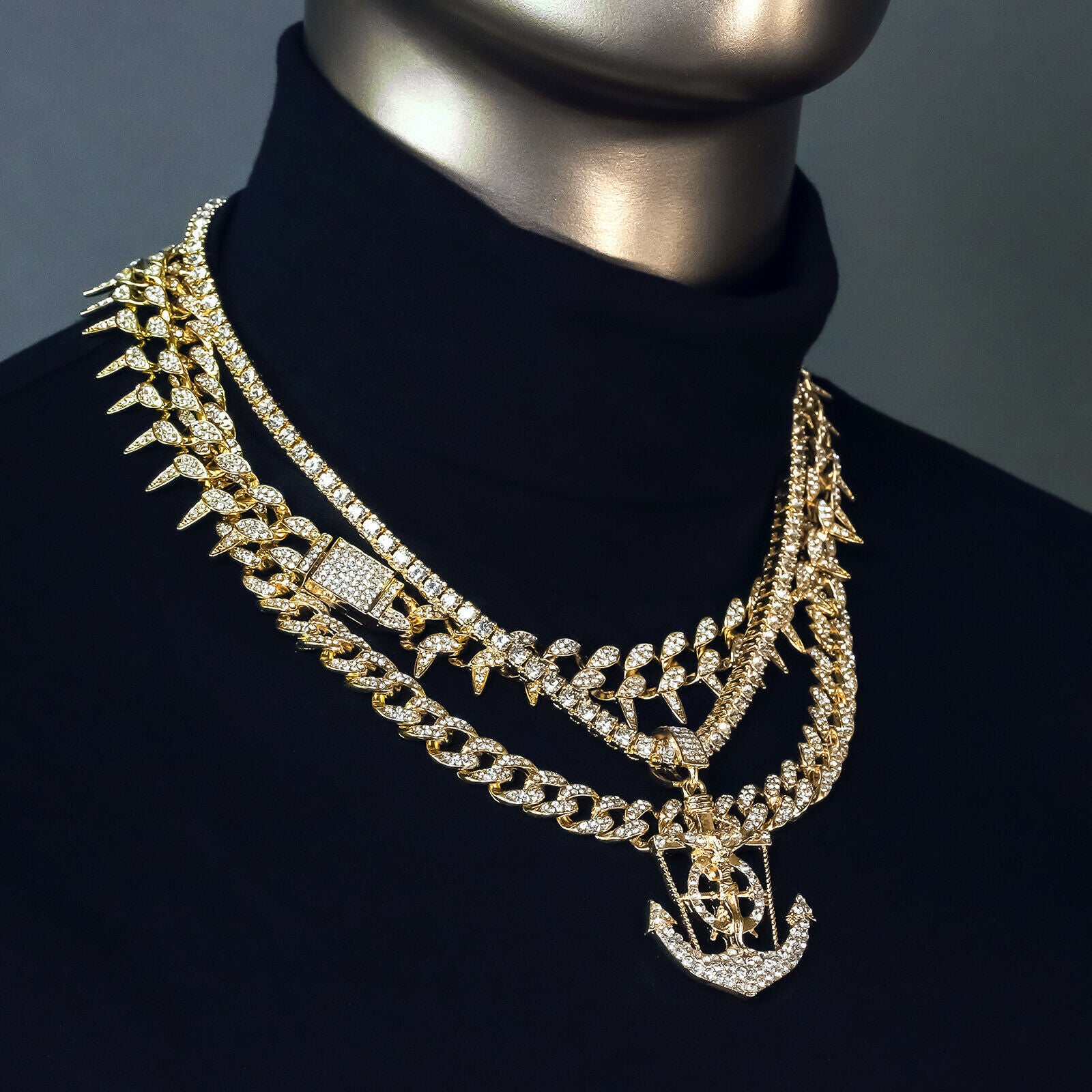 Jesus Anchor Cz 4 Pcs Set Exotic Cuban, Tennis & Miami Cuban Chain Bundle Gold PT