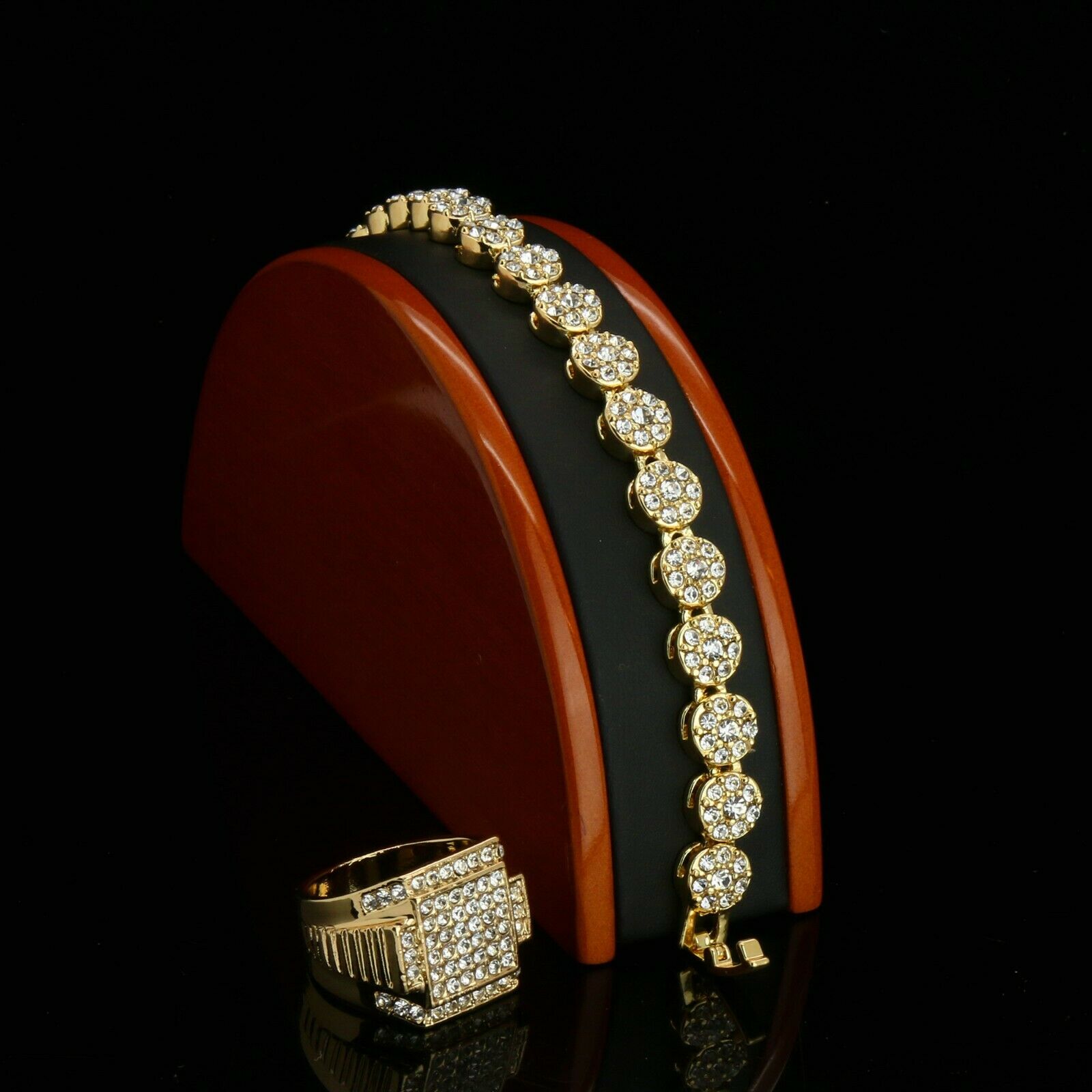 Flower Iced Bracelet / RX Square ring 14k Gold Plated