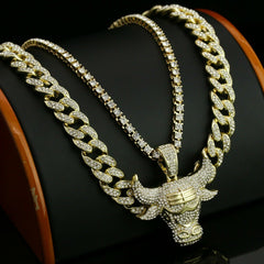 Men's Gold Plated Cz Thick Layer Bull w/ Fully Cz Cuban & Thin Tennis Chain 22"/24"