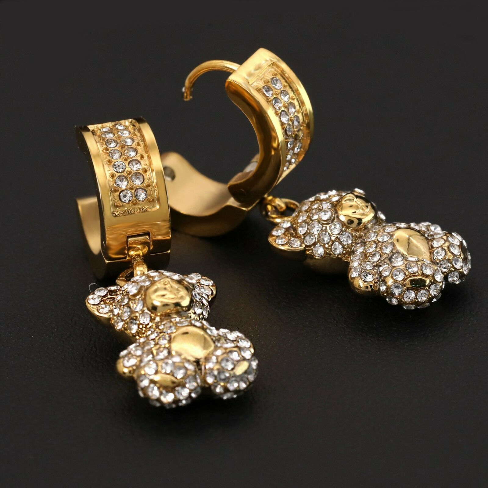 Cubic-Zirconia Gold Stainless Steal 2 Row Bear Huggie Hoop Dangle Earrings