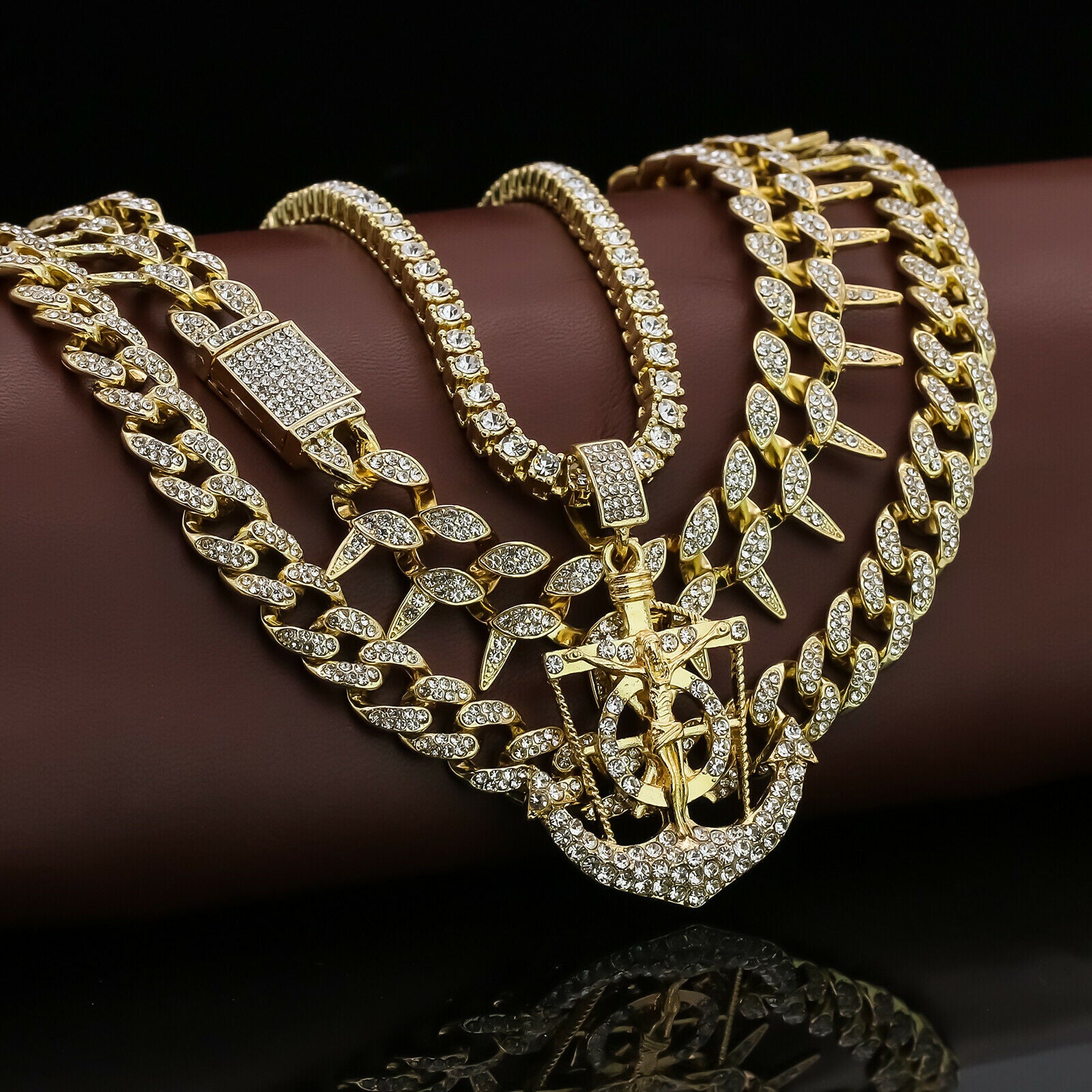 Jesus Anchor Cz 4 Pcs Set Exotic Cuban, Tennis & Miami Cuban Chain Bundle Gold PT