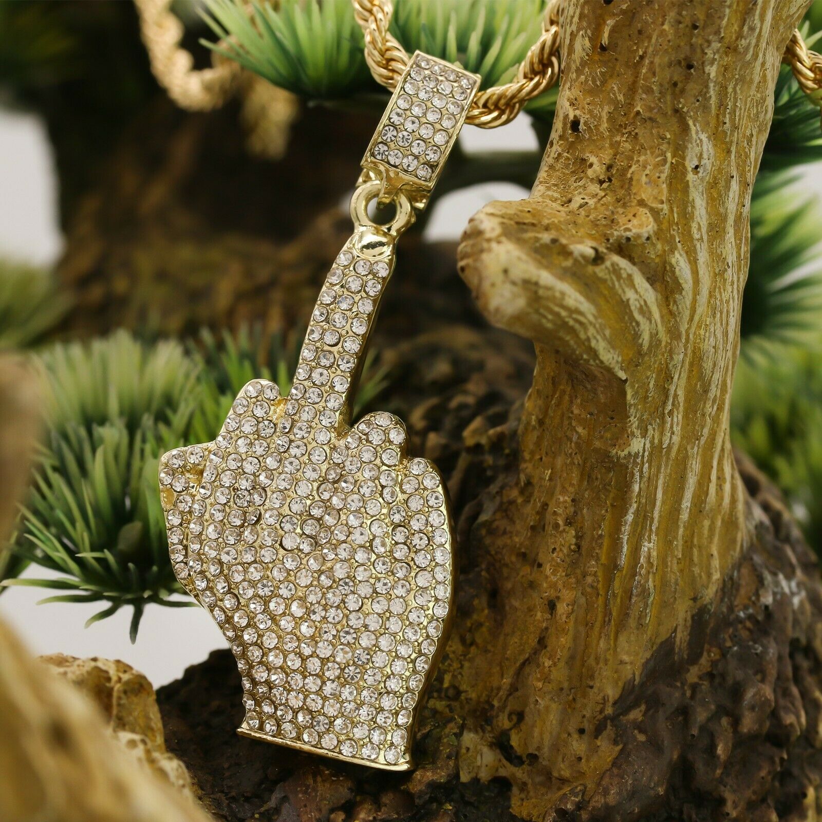 Hip Hop Middle Finger Pendant 18k Gold Plated Rope Necklace with Cubic Zirconia Simulated Diamond for Men Women