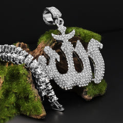 Fully Cubic-Zirconia ALLAH Pendant Silver Plated ICED Two Tennis 18", 20" Chain