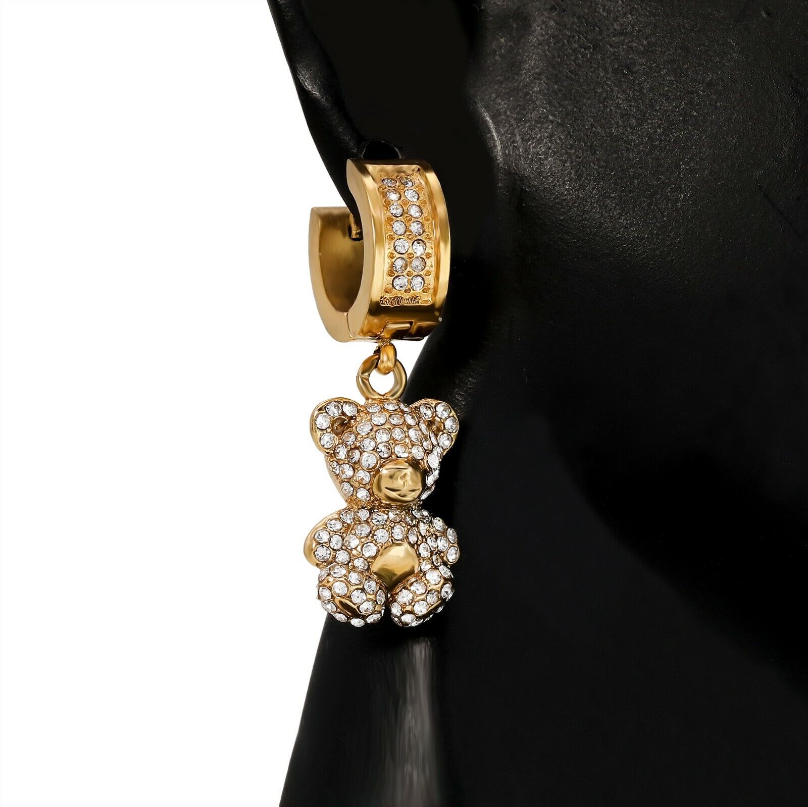 Cubic-Zirconia Gold Stainless Steal 2 Row Bear Huggie Hoop Dangle Earrings