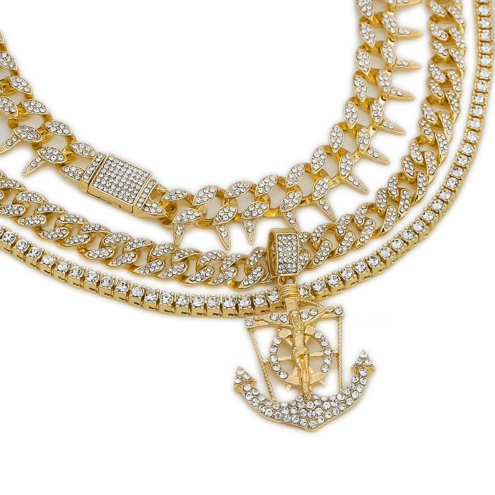 Jesus Anchor Cz 4 Pcs Set Exotic Cuban, Tennis & Miami Cuban Chain Bundle Gold PT