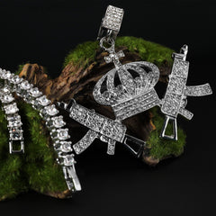 Fully Cubic-Zirconia Crown Gun Pendant Silver Plated Two Tennis 18", 20" Chain