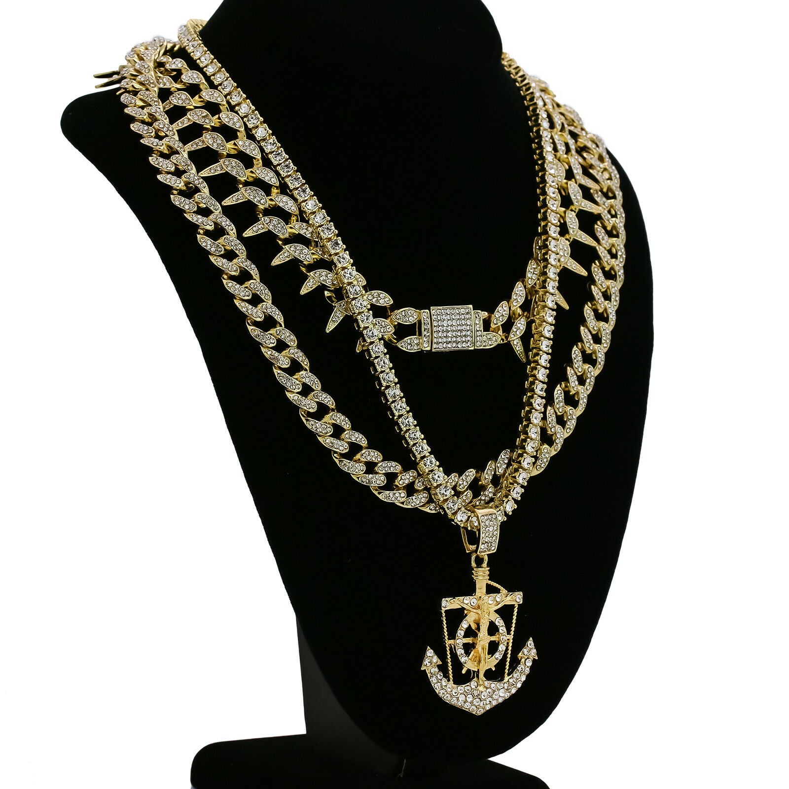 Jesus Anchor Cz 4 Pcs Set Exotic Cuban, Tennis & Miami Cuban Chain Bundle Gold PT