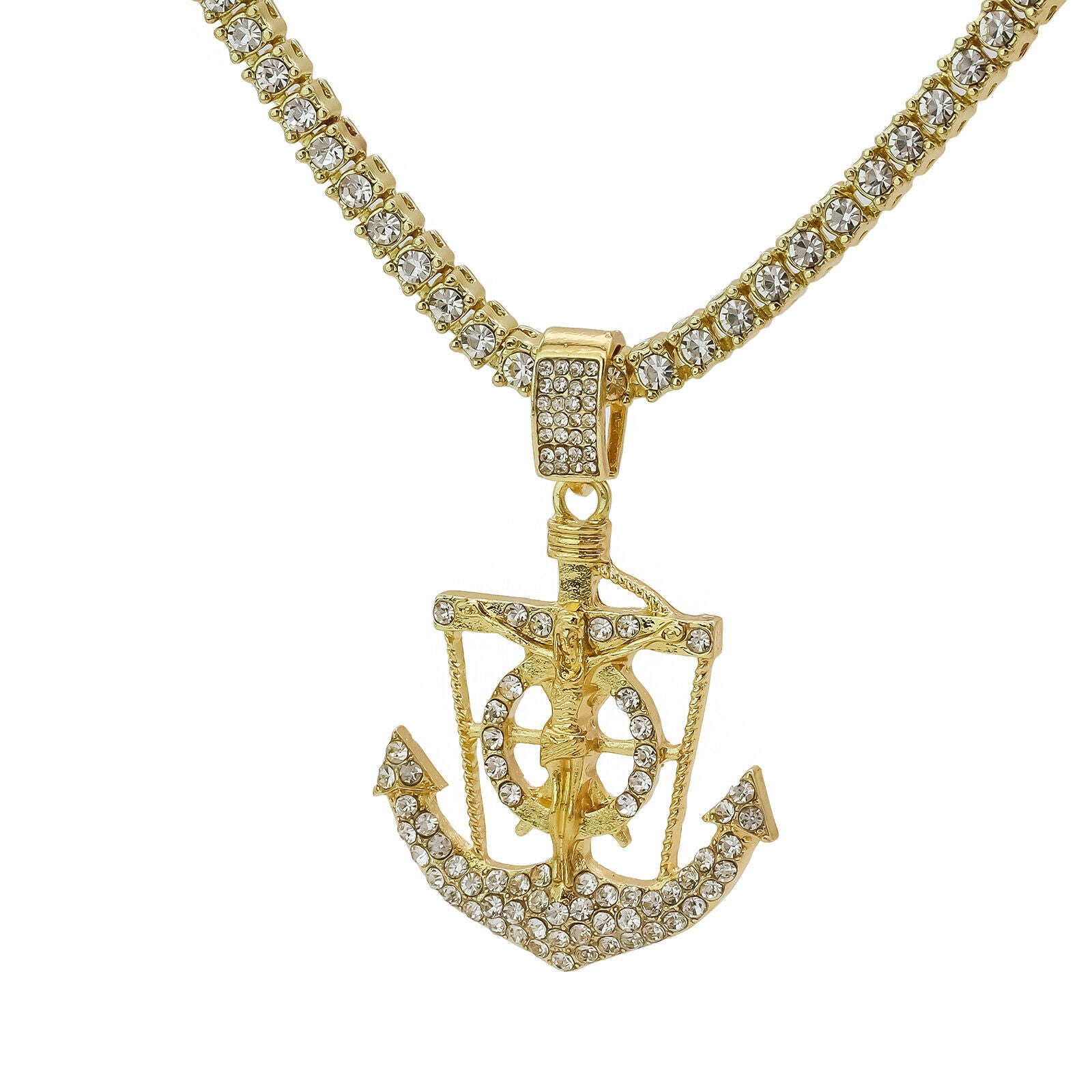 Jesus Anchor Cz 4 Pcs Set Exotic Cuban, Tennis & Miami Cuban Chain Bundle Gold PT