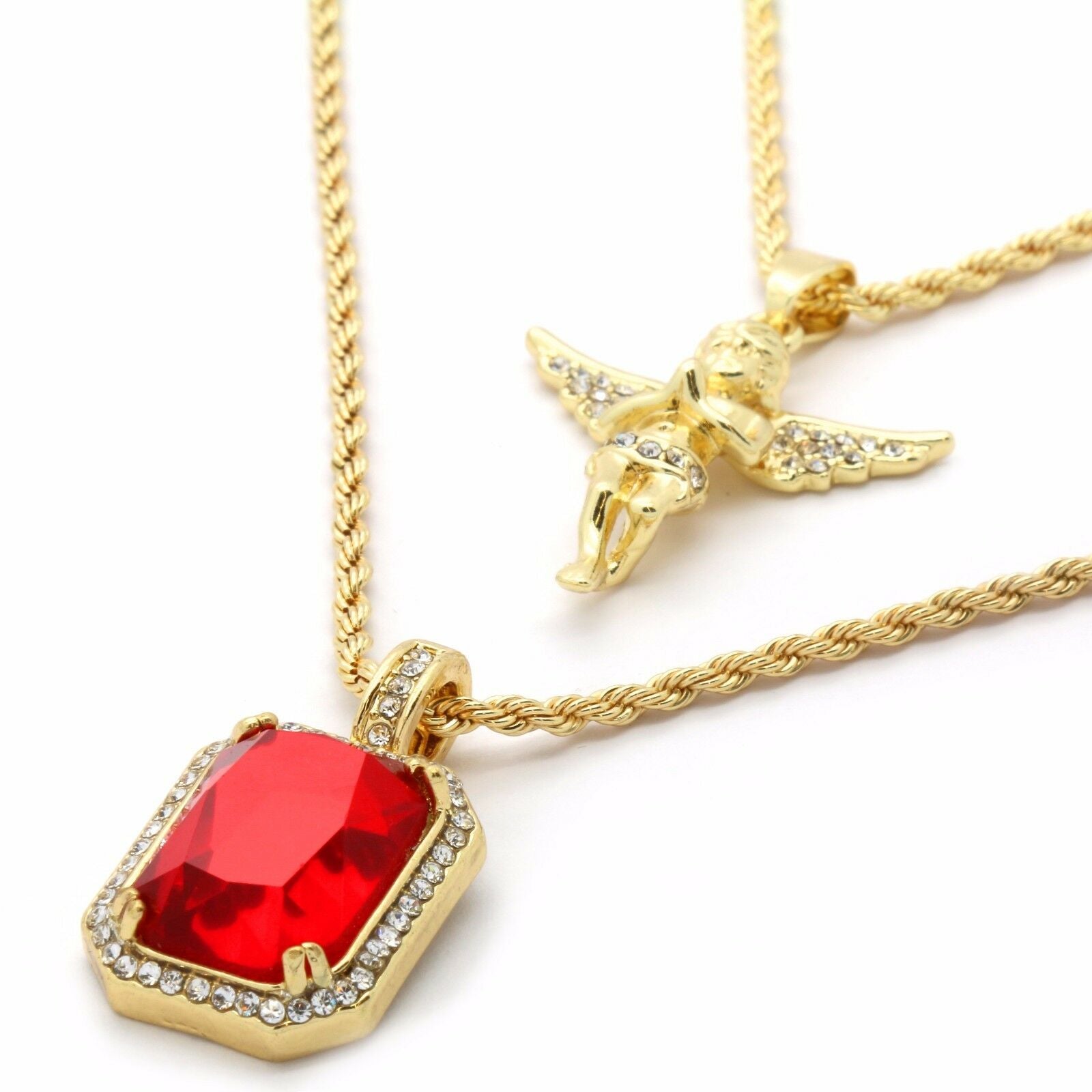 Red Ruby & Angel Pendant Two Rope chains 2mm