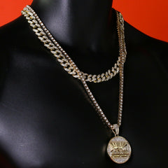 Men's Gold Plated Cz Thick Round Last Supper w/ Cz Cuban & Thin Tennis Chain 22"/24