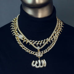 Allah Cz 4 Pcs Set Exotic Cuban, Tennis & Miami Cuban Chain Bundle Gold PT