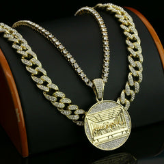 Men's Gold Plated Cz Thick Round Last Supper w/ Cz Cuban & Thin Tennis Chain 22"/24