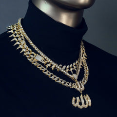 Allah Cz 4 Pcs Set Exotic Cuban, Tennis & Miami Cuban Chain Bundle Gold PT