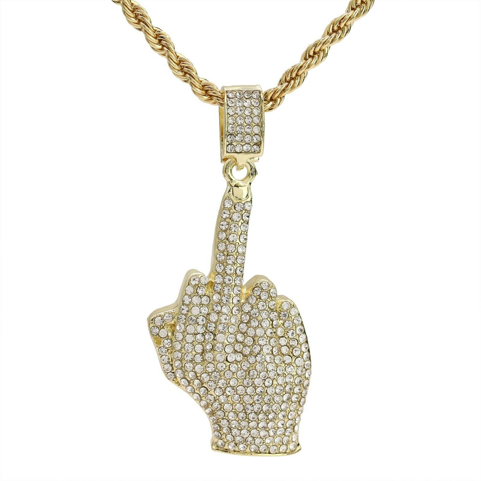 Hip Hop Middle Finger Pendant 18k Gold Plated Rope Necklace with Cubic Zirconia Simulated Diamond for Men Women