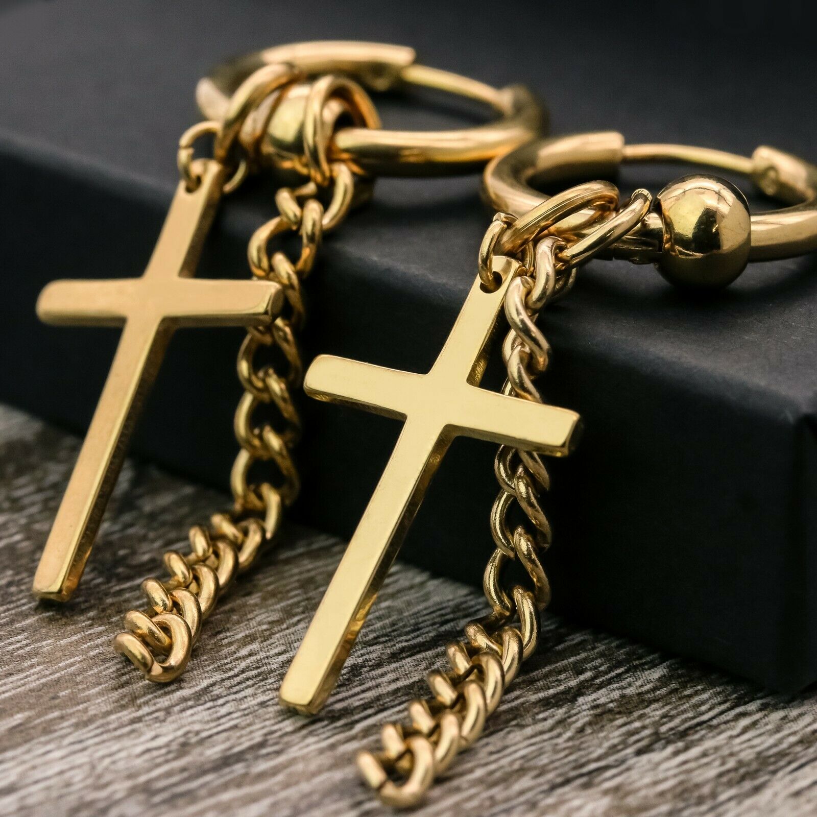 Cross Dangle/Cuban 18k Gold Stainless Steel Plain Earring
