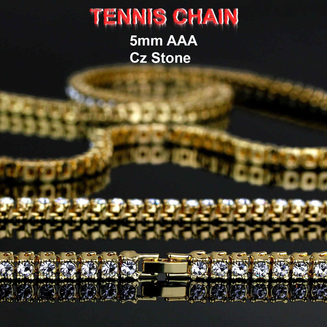 GOLD TENNIS CHAIN 18" 20" 24" 30"