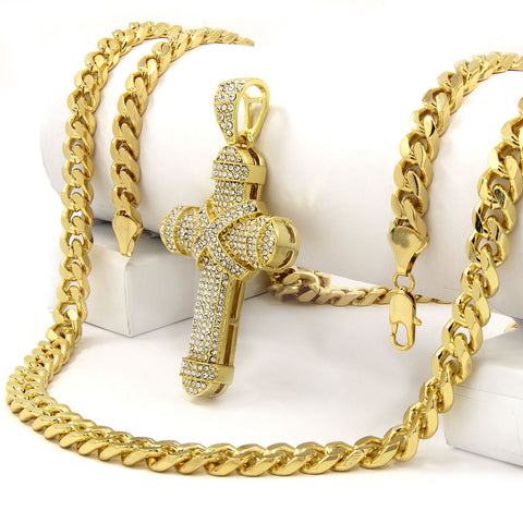 10mm Miami Cuban Link Chain with Iced Out Cross X Cross Pendant – Gold Hip Hop Necklace