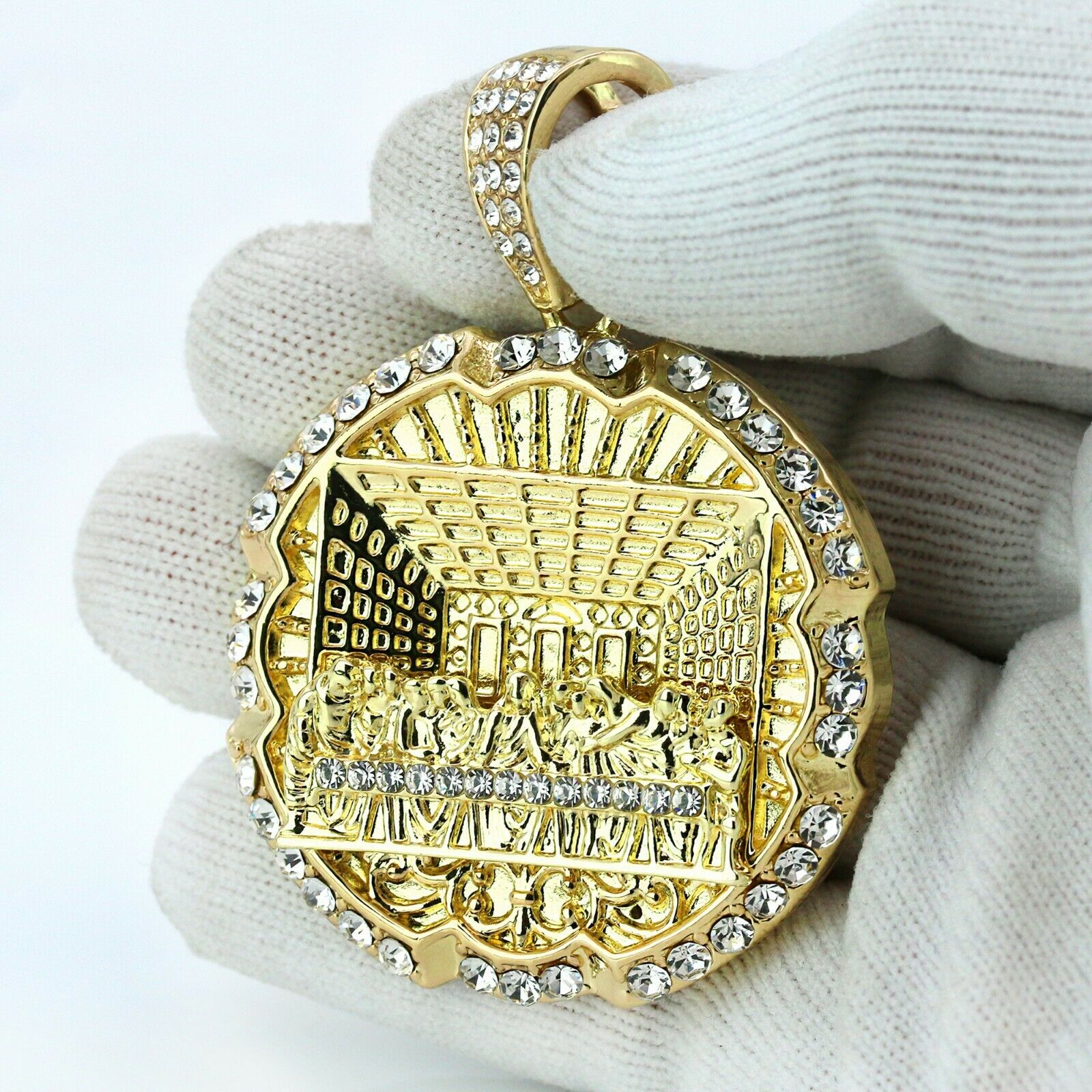 Round Last Supper 4 Pcs Set Clear Cz Cuban, Tennis & Rope Chain Bundle Gold PT