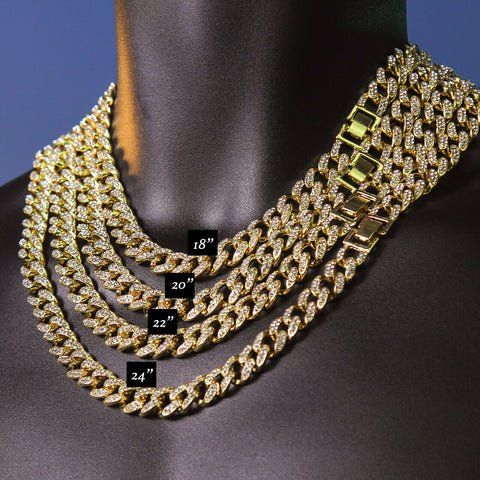 Hip Hop Fully Iced Large Gold Plated Crucifix Temple Pendant & Cuban Chain Necklace