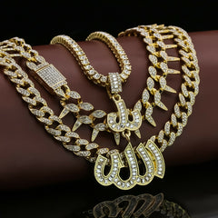Allah Cz 4 Pcs Set Exotic Cuban, Tennis & Miami Cuban Chain Bundle Gold PT