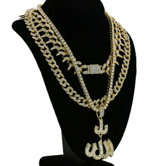 Allah Cz 4 Pcs Set Exotic Cuban, Tennis & Miami Cuban Chain Bundle Gold PT