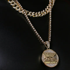 Men's Gold Plated Cz Thick Round Last Supper w/ Cz Cuban & Thin Tennis Chain 22"/24
