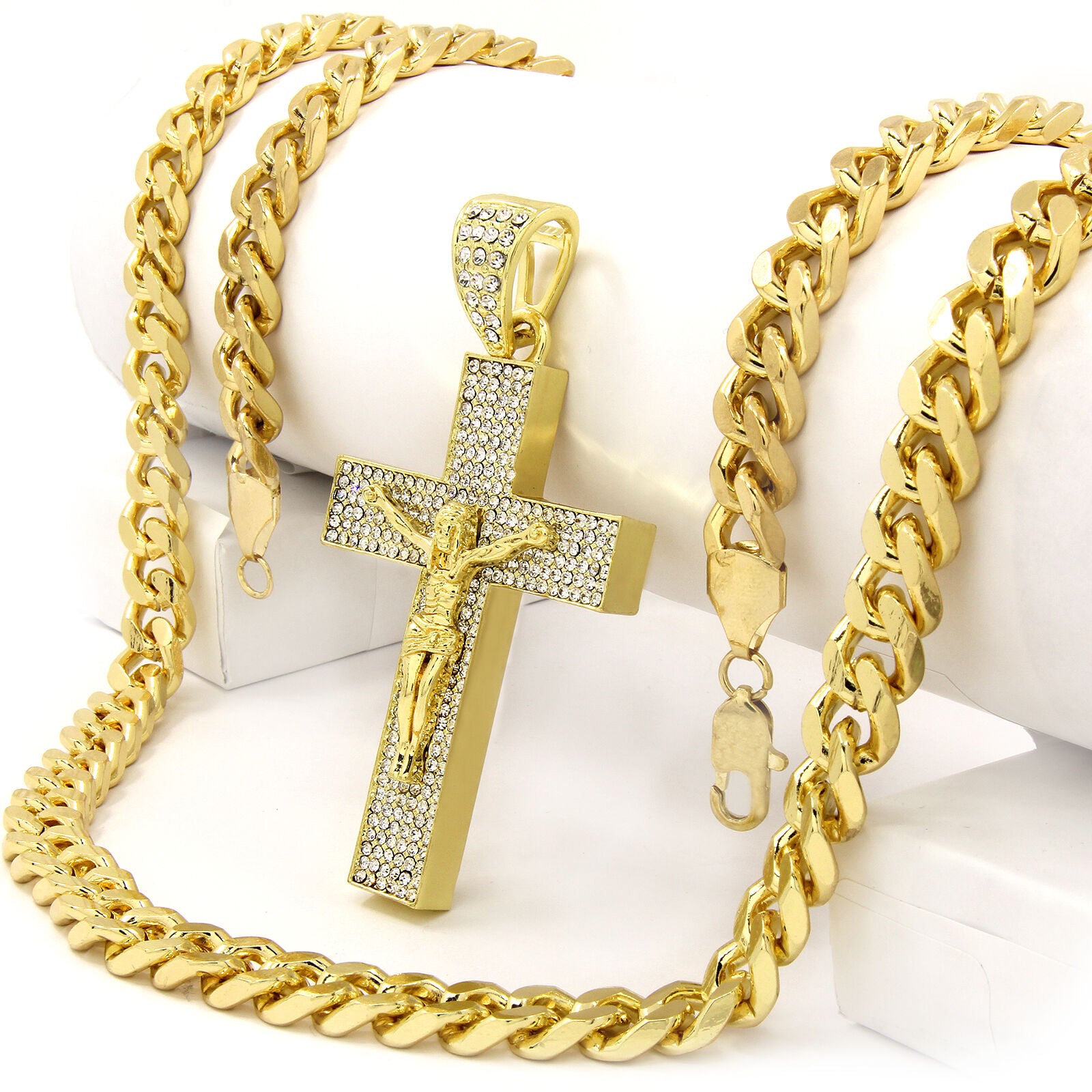 Gold Cross Jesus Pendant Necklace – 10mm Miami Cuban Link Chain (30")