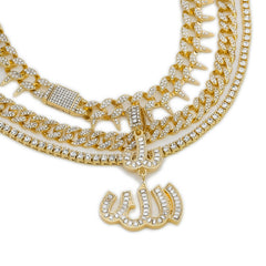 Allah Cz 4 Pcs Set Exotic Cuban, Tennis & Miami Cuban Chain Bundle Gold PT
