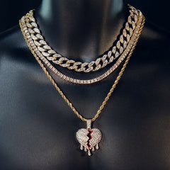 Broken Heart Drip 4 Pcs Set Cuban, Tennis & Rope Chain Bundle Gold PT