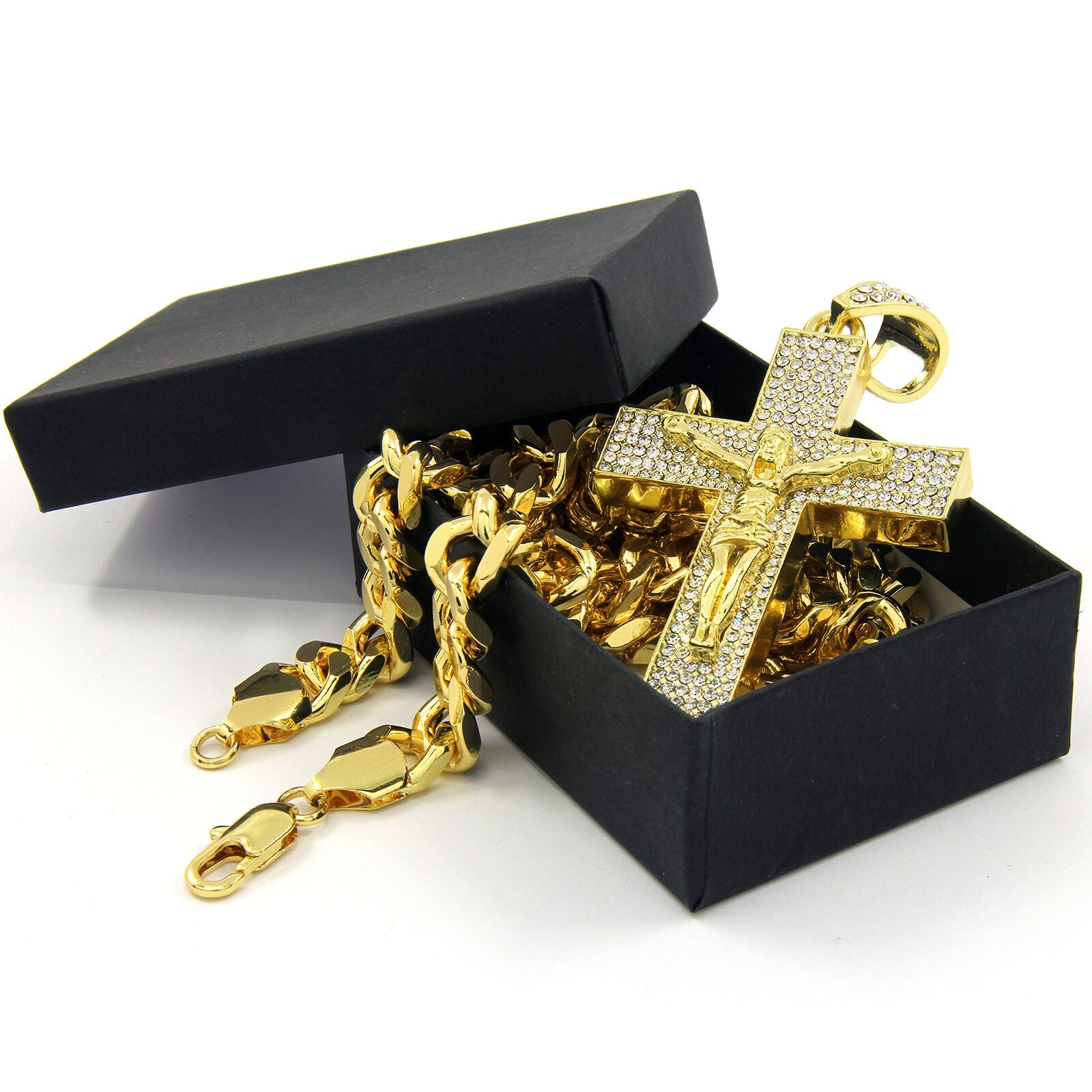 Gold Cross Jesus Pendant Necklace – 10mm Miami Cuban Link Chain (30")