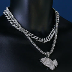 3pc Men's Silver Plated Cz Thick Prayer Hands w/ Cz Cuban & Tennis Chain 18"/20