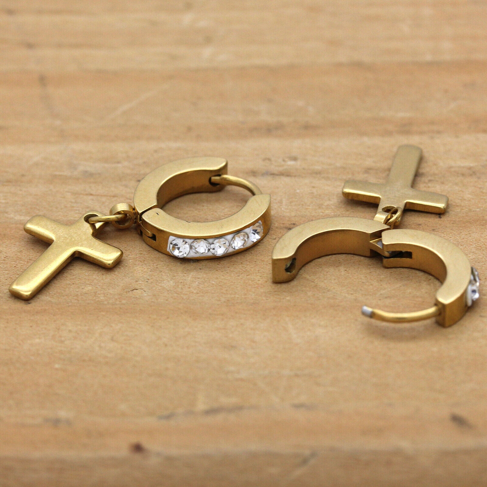 Cz Huggie Hoop Cross Dangle 1 Row GOLD STAINLESS STEEL FILLED EARRINGS