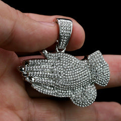 3pc Men's Silver Plated Cz Thick Prayer Hands w/ Cz Cuban & Tennis Chain 18"/20